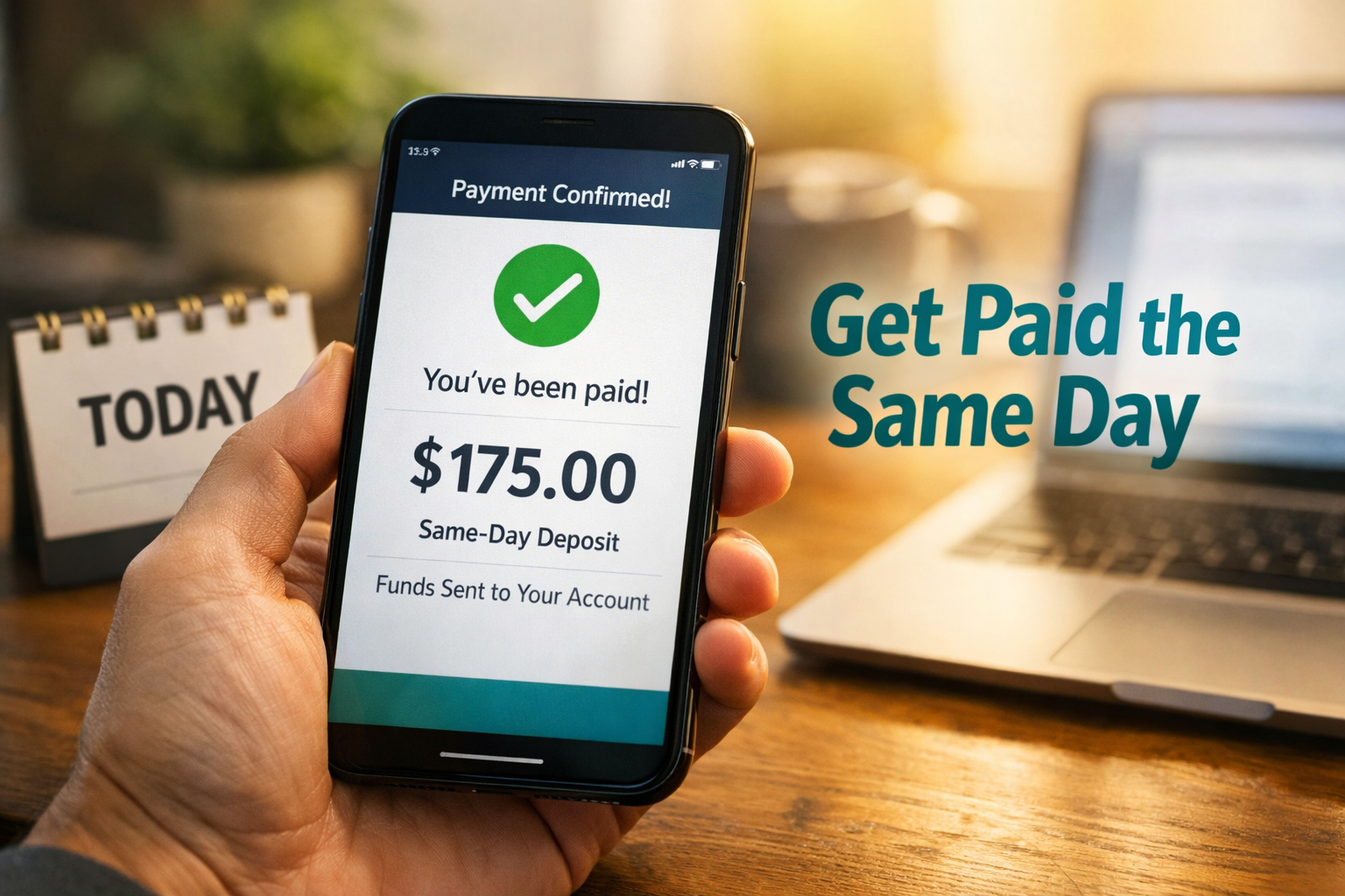 () editorial image showing a close-up of a smartphone screen displaying a same-day payment confirmation from a gig platform,