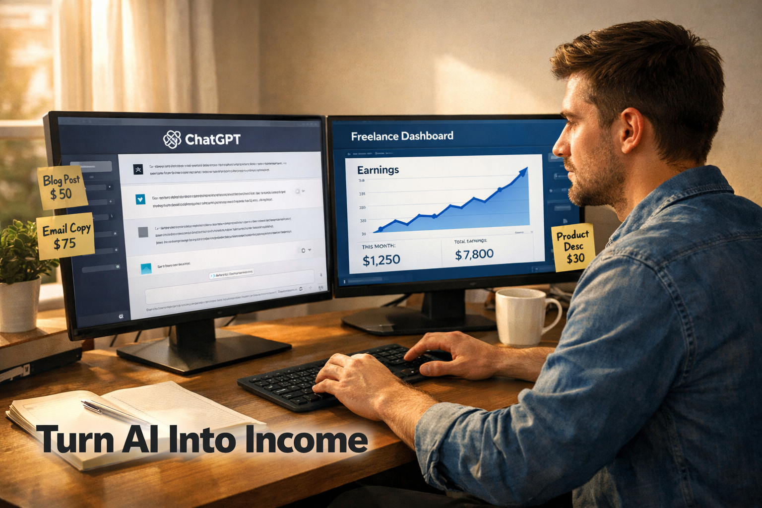 () realistic editorial photo-illustration of a focused young professional at a minimalist desk, dual monitors showing a