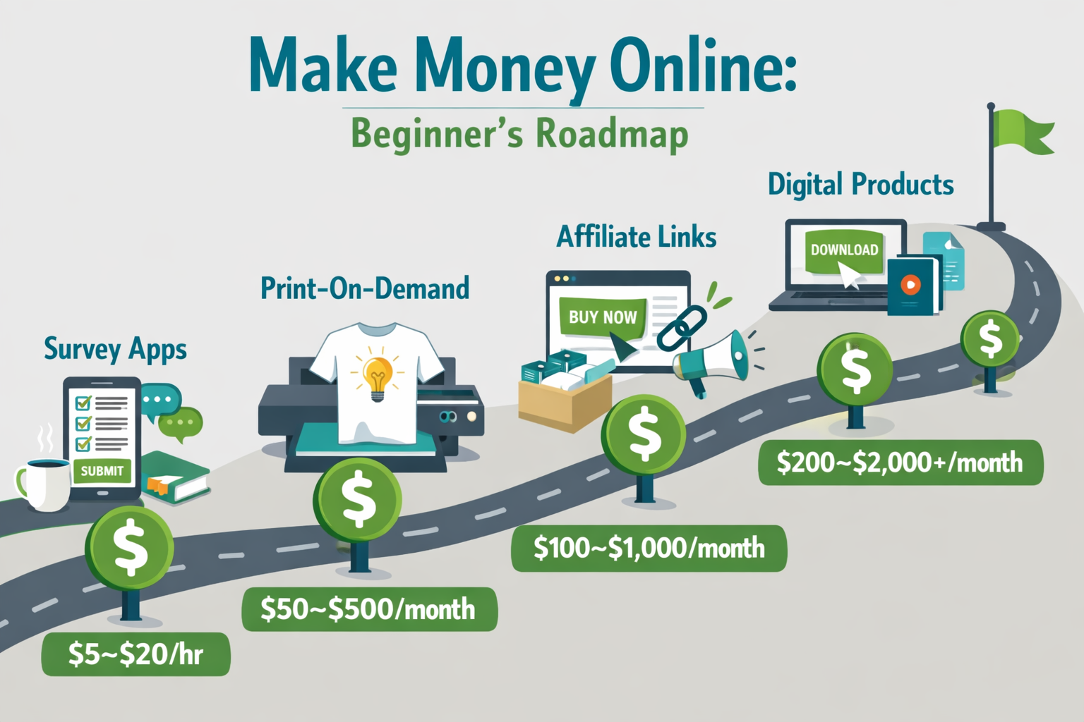 () flat-style infographic illustration showing a step-by-step roadmap for beginners making money online. Visual elements