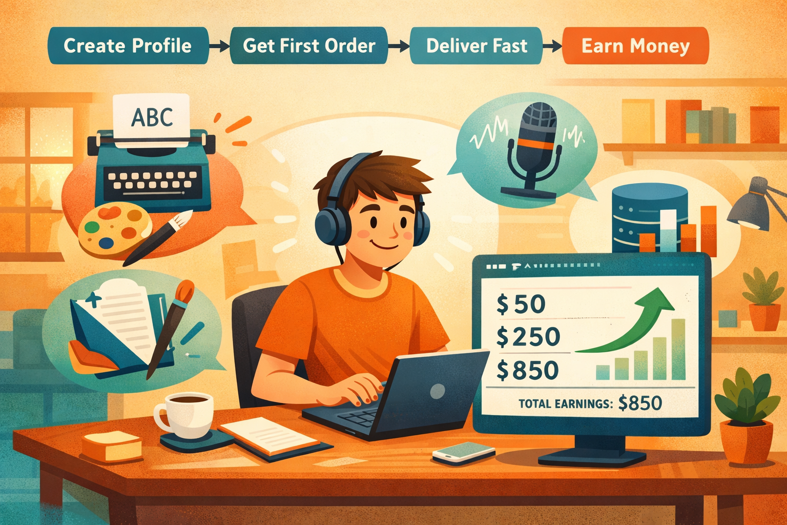 Wide-angle illustration-style infographic scene showing a beginner freelancer at a desk with a progress timeline above them: