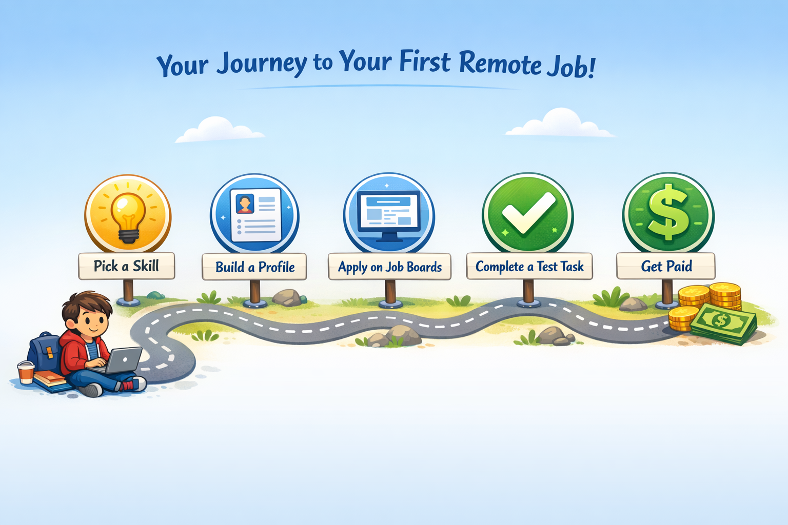 () step-by-step visual roadmap illustration showing a beginner's journey to landing a first remote job, depicted as a