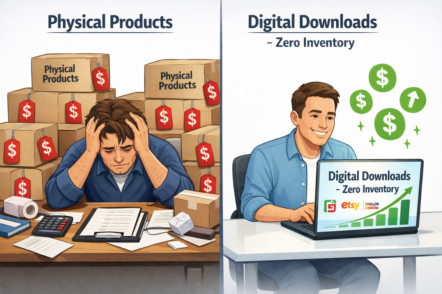 () split-screen comparison infographic illustration: left side shows a person overwhelmed at a cluttered desk with physical