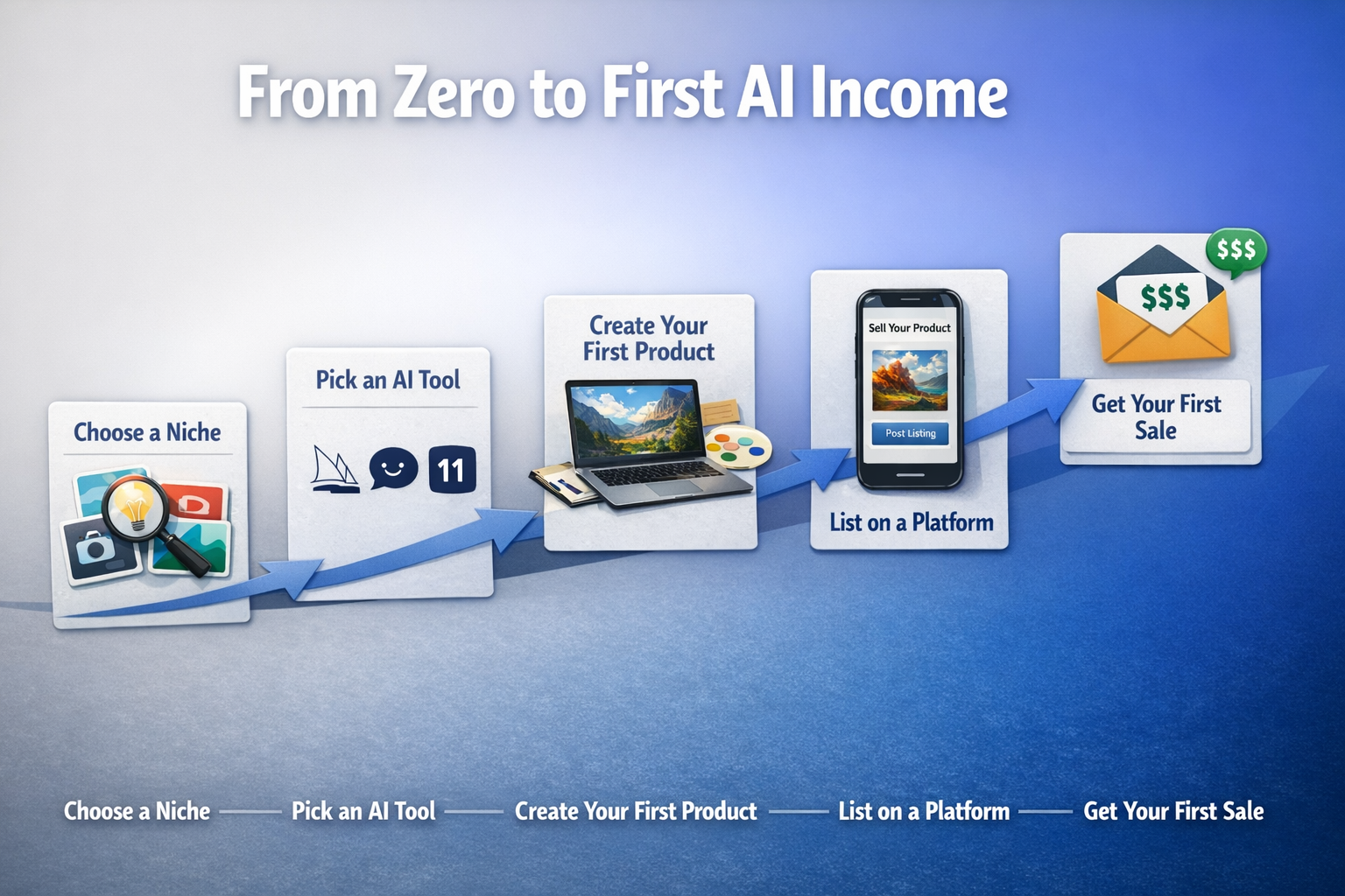 () step-by-step visual roadmap showing a beginner's journey from zero to first AI income: five sequential stages displayed