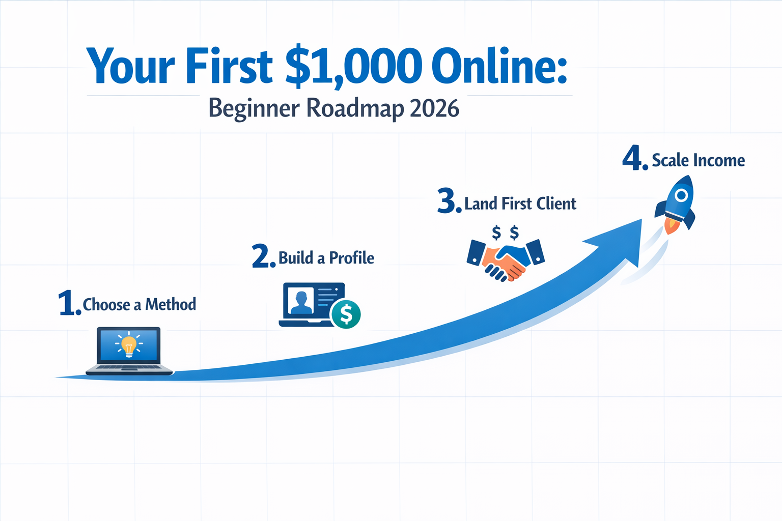() infographic-style image showing a step-by-step roadmap graphic titled 'Your First Beginner roadmap to first $1,000 online in 2026,000 Online: Beginner Roadmap 2026'