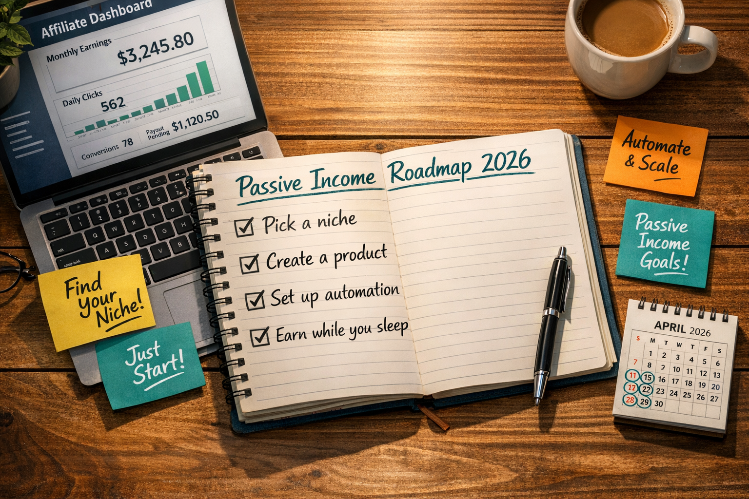 () step-by-step visual checklist infographic showing a beginner's roadmap to passive income in 2026. Top-down desk view with