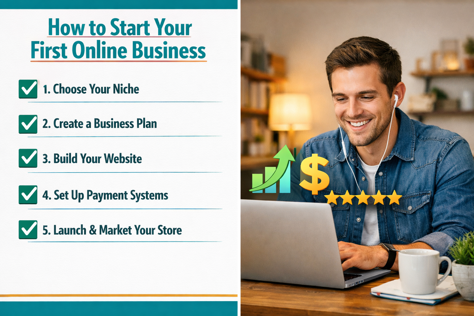 () split-panel infographic style image: left side shows a step-by-step checklist graphic titled 'How to Start Your First