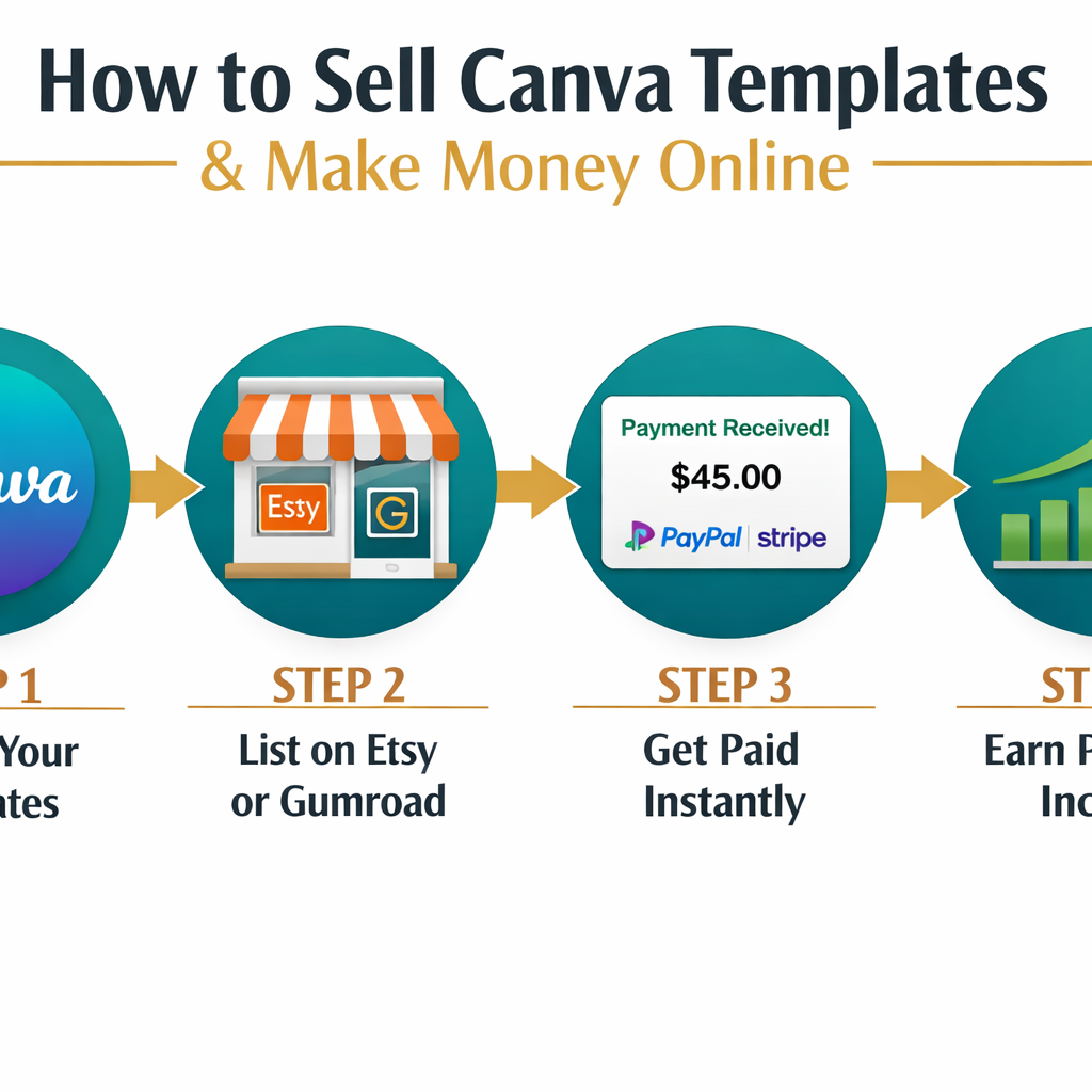 () detailed infographic-style image showing a step-by-step funnel diagram for selling Canva templates: Step 1 shows a Canva