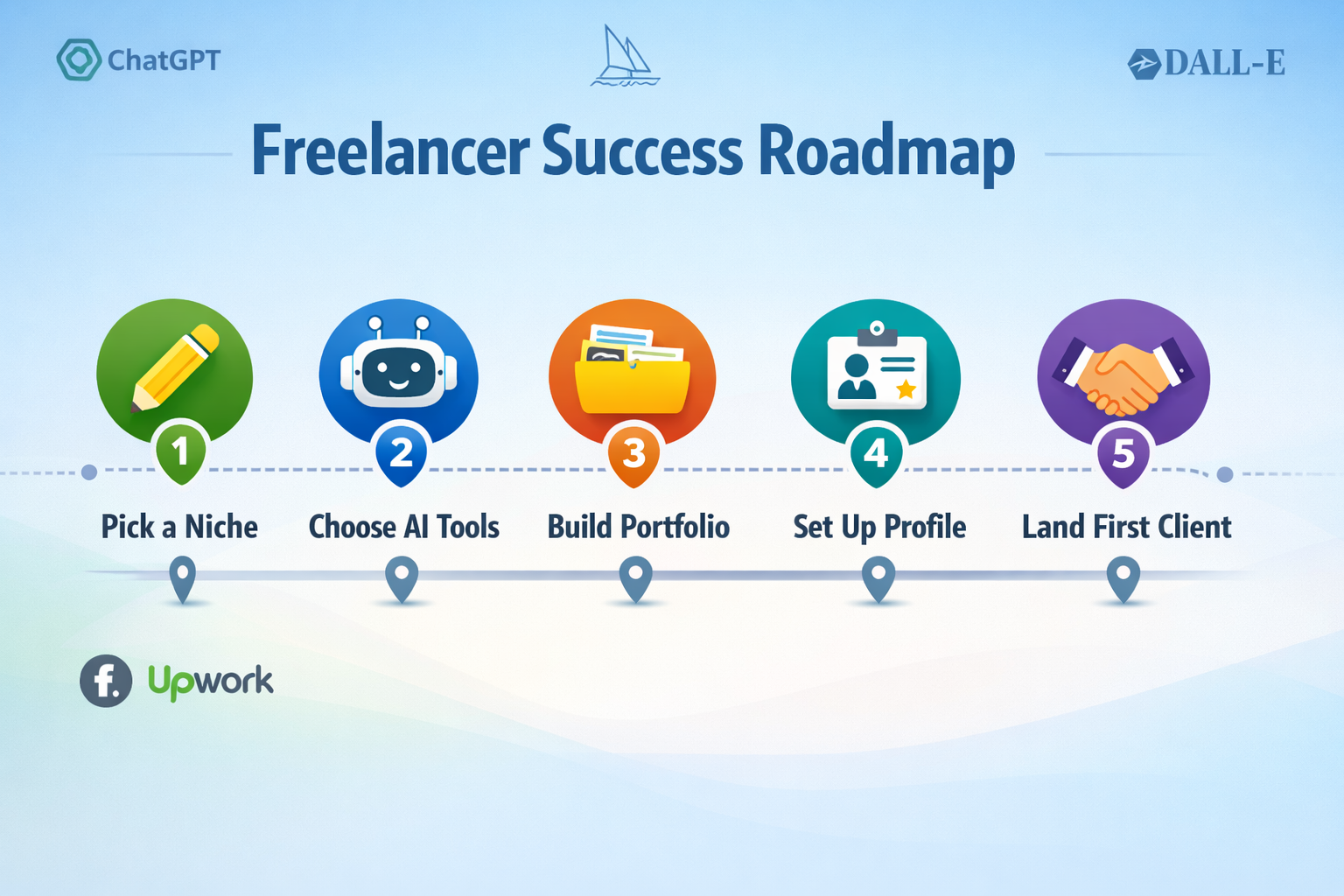 () detailed step-by-step visual roadmap infographic showing five numbered milestone icons arranged left to right on a