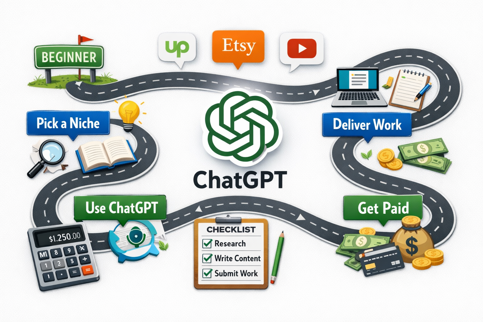 () bird's-eye view flat-lay infographic style image showing a roadmap or step-by-step path from 'Beginner' to 'Earning