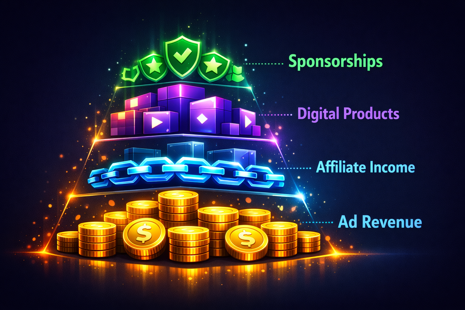 () concept illustration of a monetization funnel for a faceless YouTube channel — showing stacked revenue streams as glowing