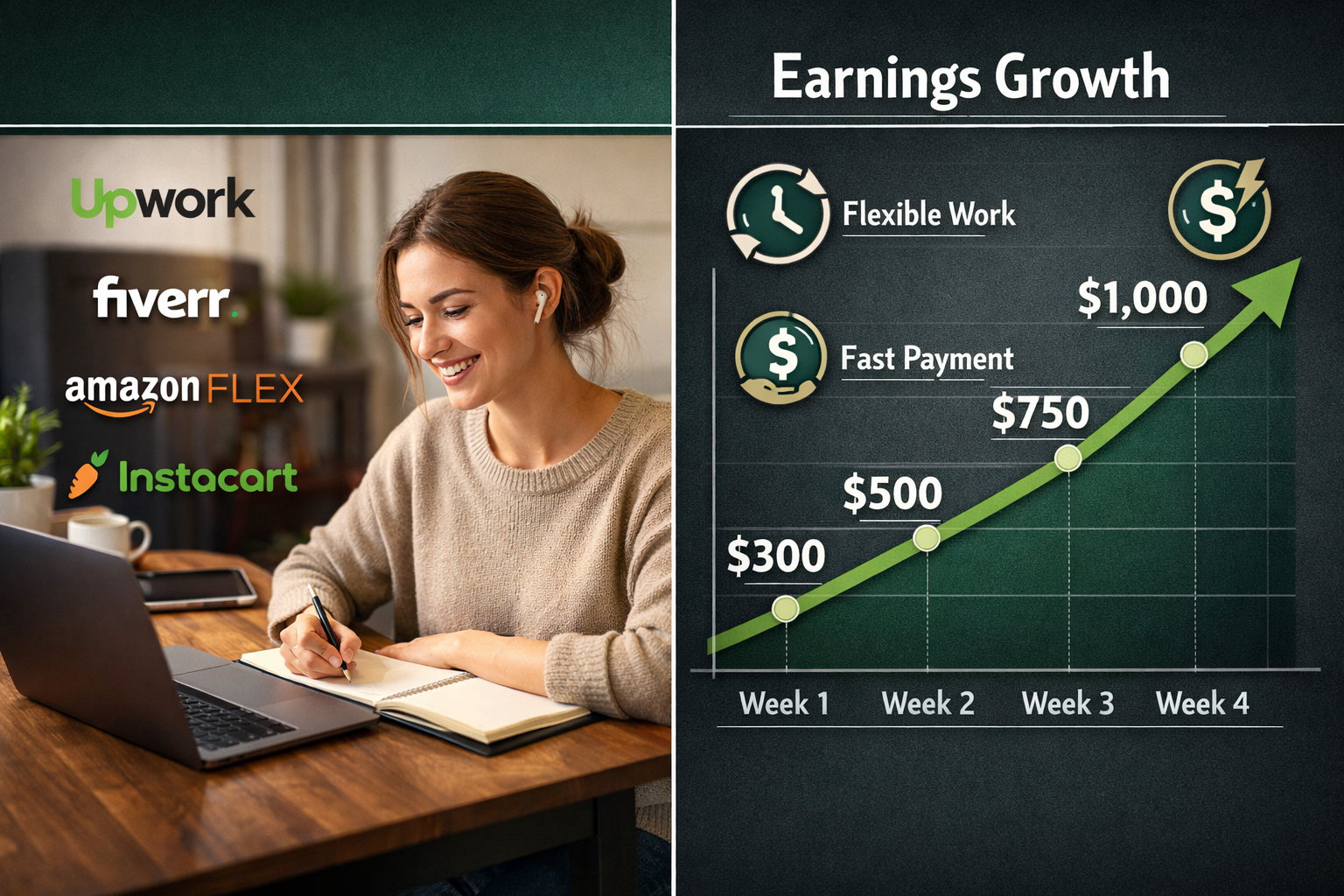 () showing a split-screen comparison graphic: left side displays a person confidently working from a cozy home setup with a