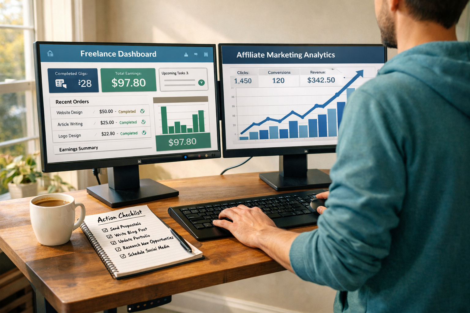 () realistic editorial scene showing a person at a standing desk with dual monitors — one screen displaying a freelance