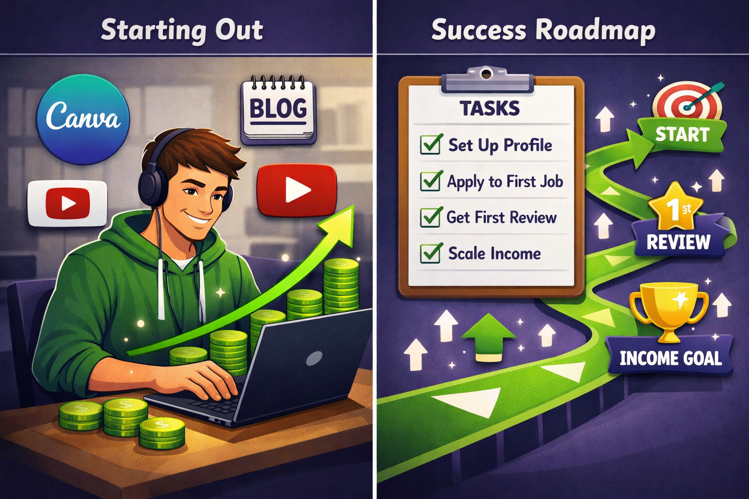 () split-panel infographic-style image showing two contrasting scenes: left panel features a beginner at a laptop with a