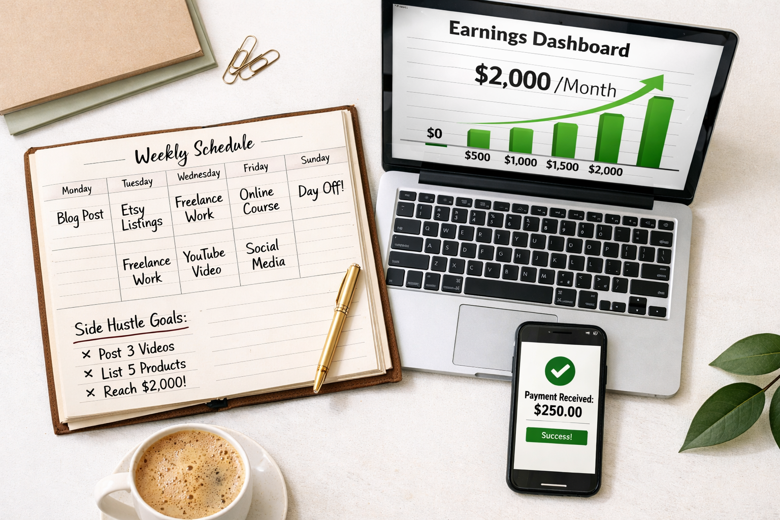 () editorial image showing a clean productivity workspace from an overhead bird's-eye angle: a planner open to a weekly