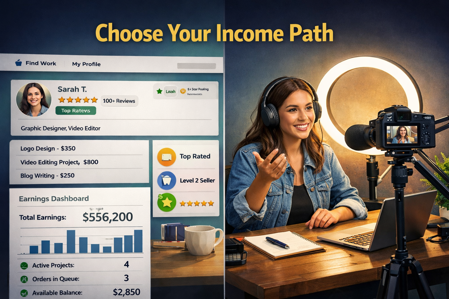 () editorial scene showing a split-screen composition: left side displays a freelance platform interface