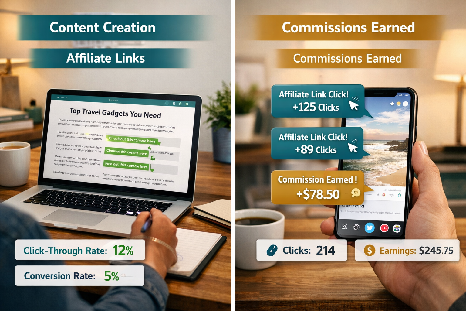 () editorial concept image showing a side-by-side comparison table visual: on the left, a person sitting at a home desk with