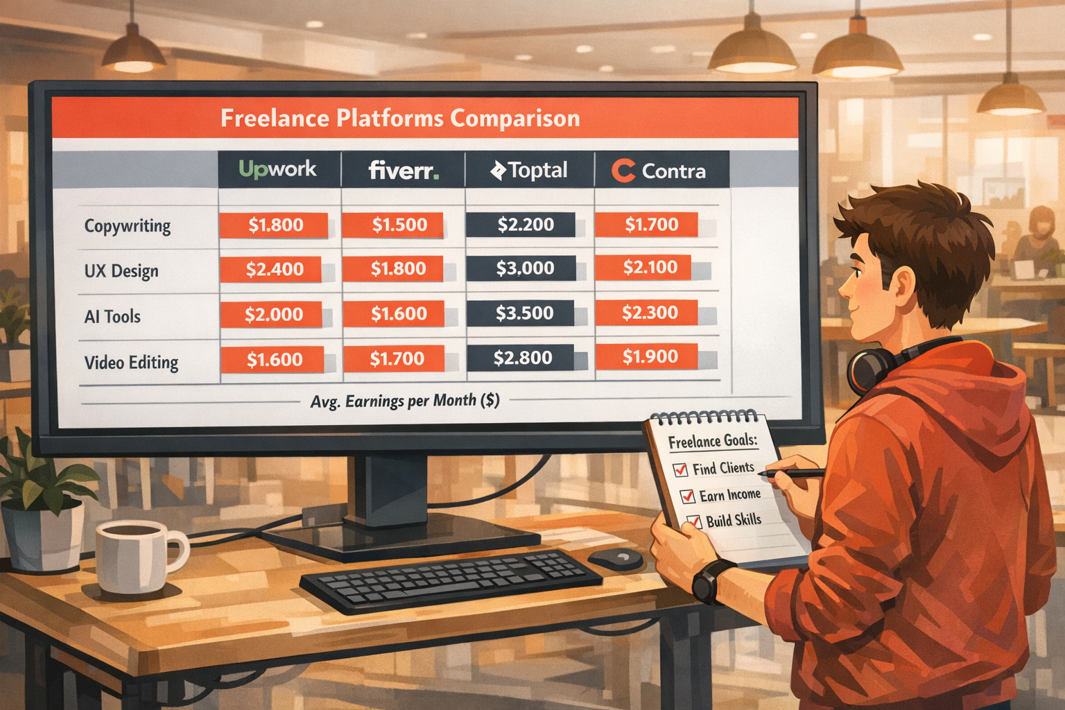 () concept illustration showing a side-by-side comparison table of freelance platforms — Upwork, Fiverr, Toptal, and Contra