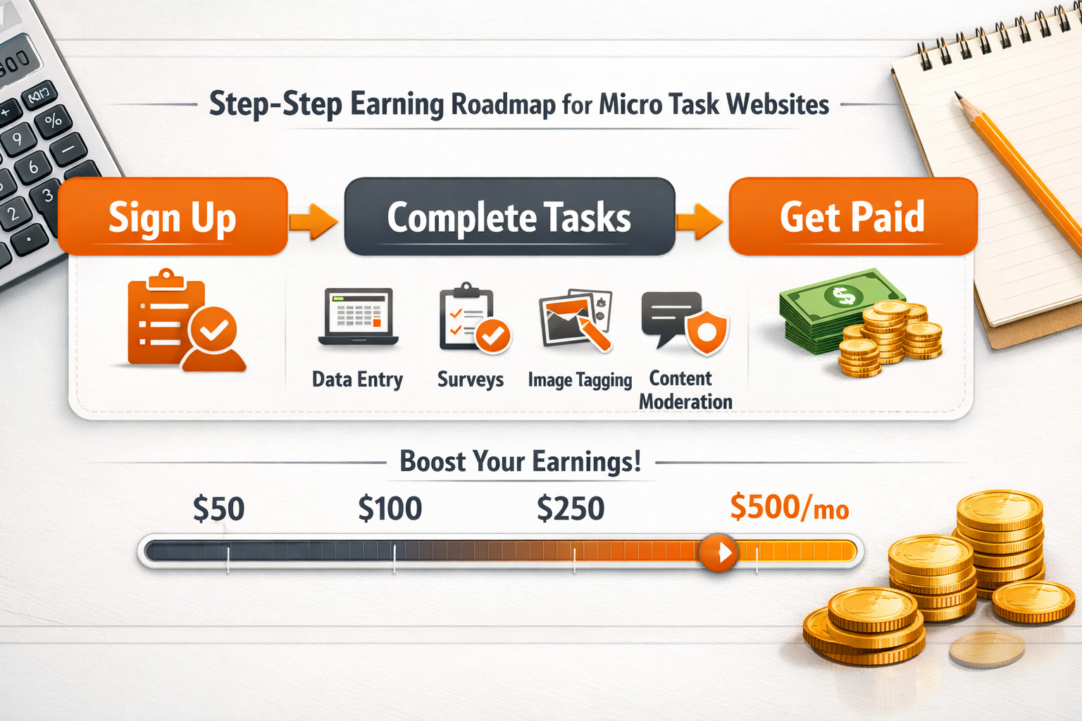 () concept illustration of a step-by-step earning roadmap for micro task websites, showing a horizontal flowchart: Sign Up →