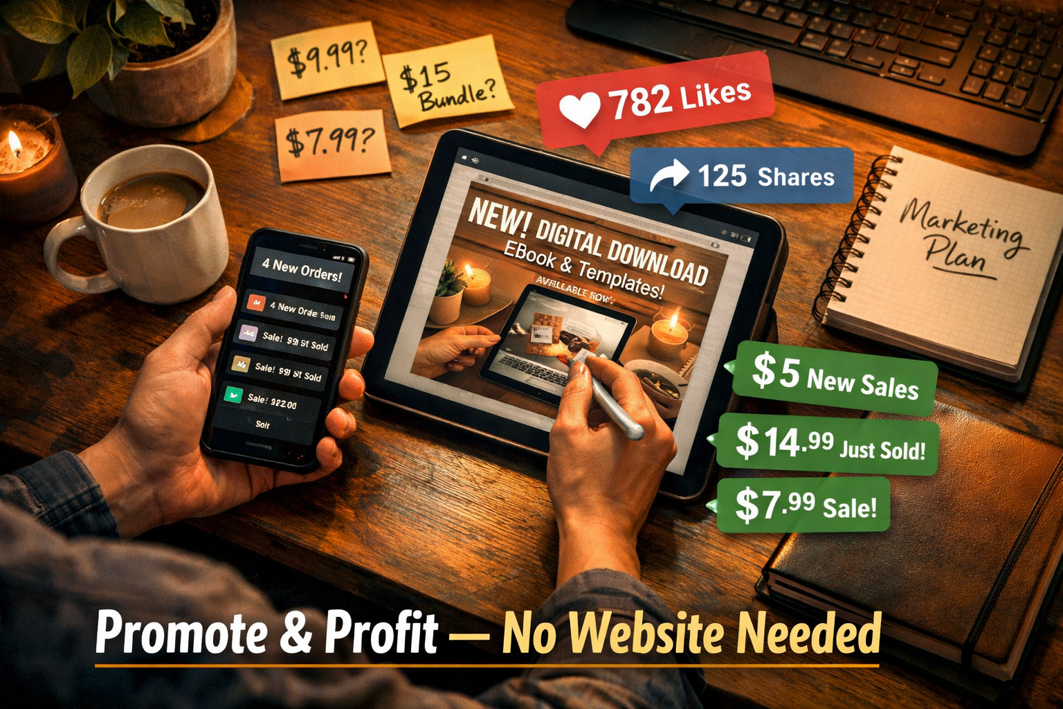 () realistic scene showing a side hustler at a cozy home desk, viewed from a 45-degree overhead angle, working on a tablet