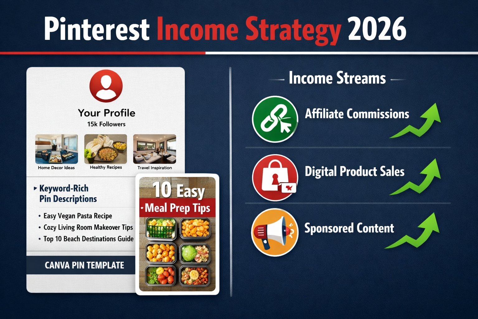 () concept illustration showing a side-by-side comparison infographic: left side shows a Pinterest profile with optimized