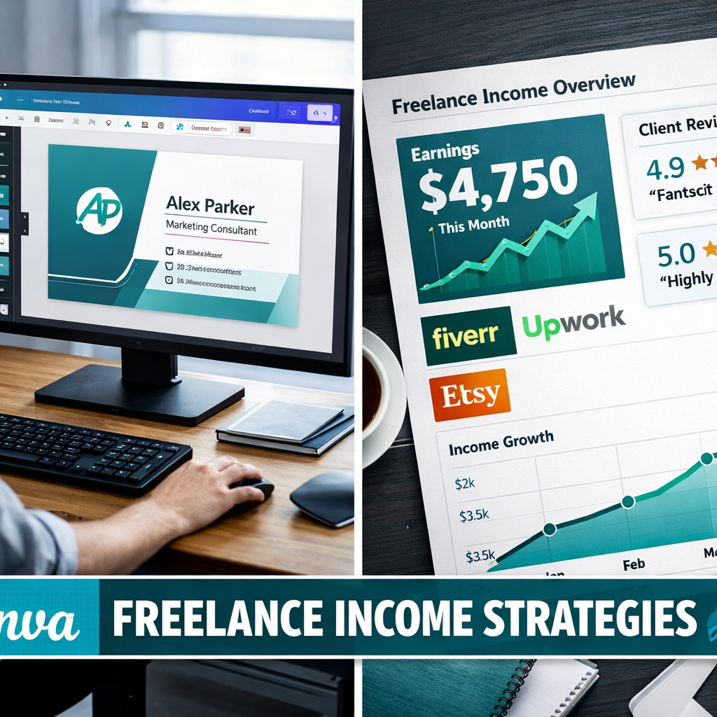 () split-screen editorial image: left side shows a person at a desk using Canva on a large monitor designing a business card