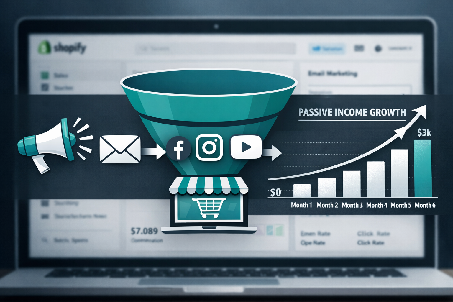 () concept illustration of a sales funnel infographic overlaid on a blurred laptop screen showing Shopify and email