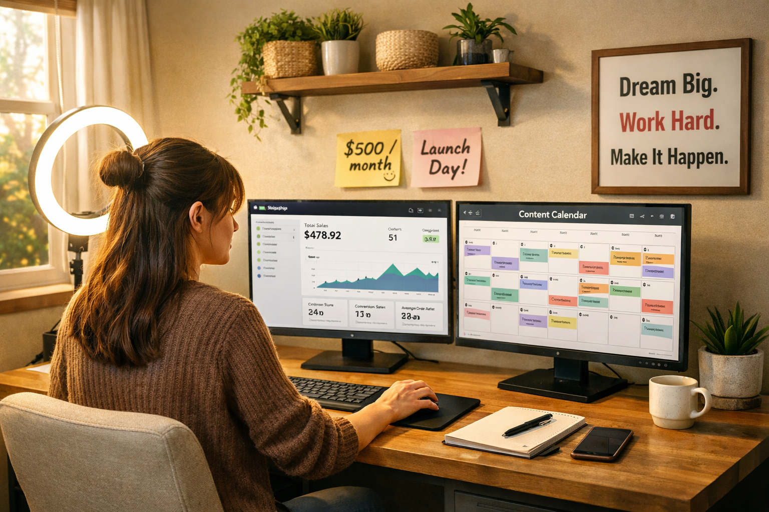 () realistic editorial photo of a focused young woman sitting at a minimalist home office desk with dual monitors showing a