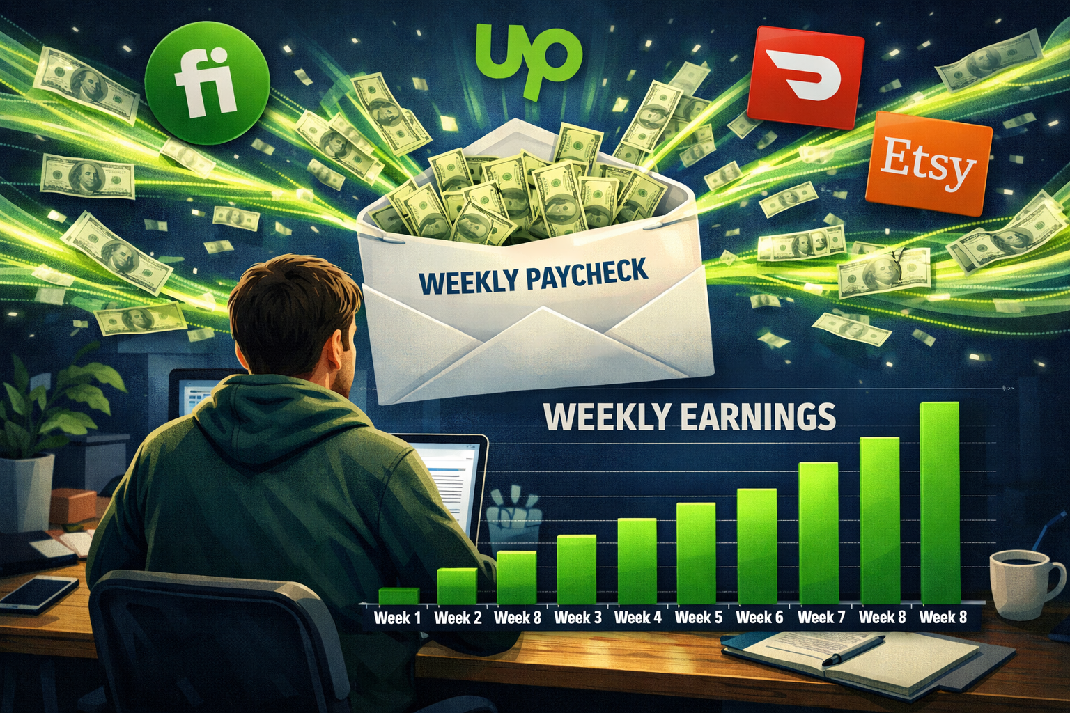 () detailed scene of a person at a home desk surrounded by multiple income streams visualized as flowing currency streams