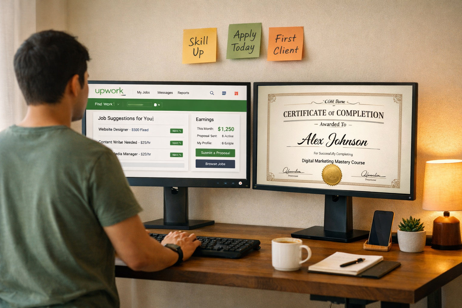 () concept photo showing a person at a standing desk with dual monitors — one screen displaying a freelance platform