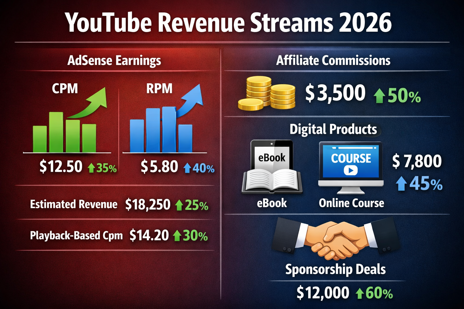 () editorial-style split-screen infographic showing YouTube monetization revenue streams: left panel displays AdSense