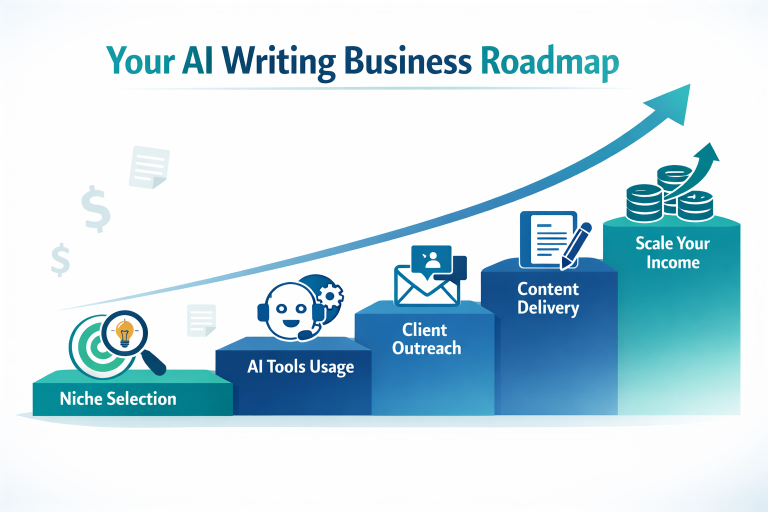 () infographic-style illustration showing a structured roadmap or staircase diagram with five labeled steps to earning money