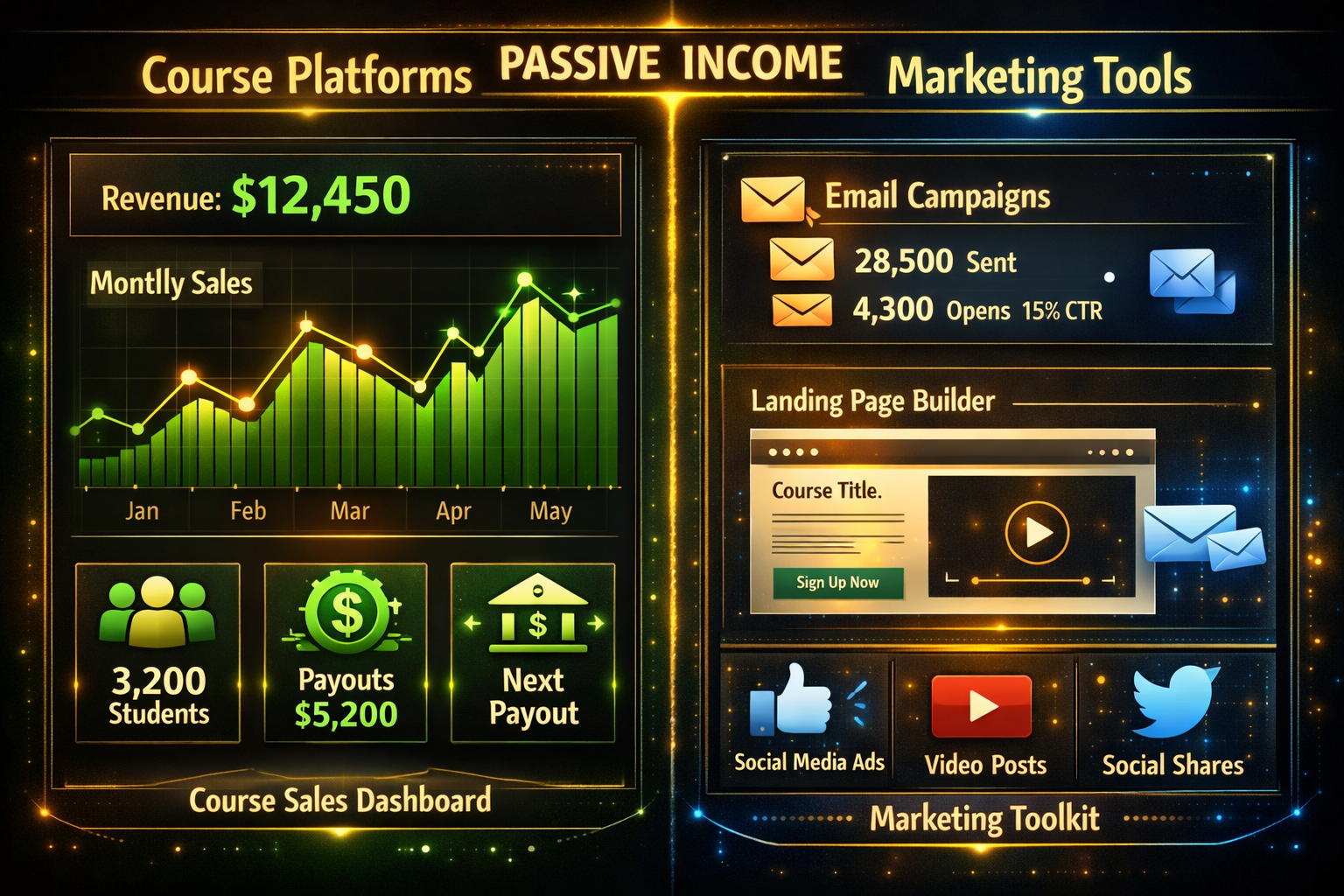 () showing a split-screen comparison infographic style image: left side displays a course sales dashboard with revenue