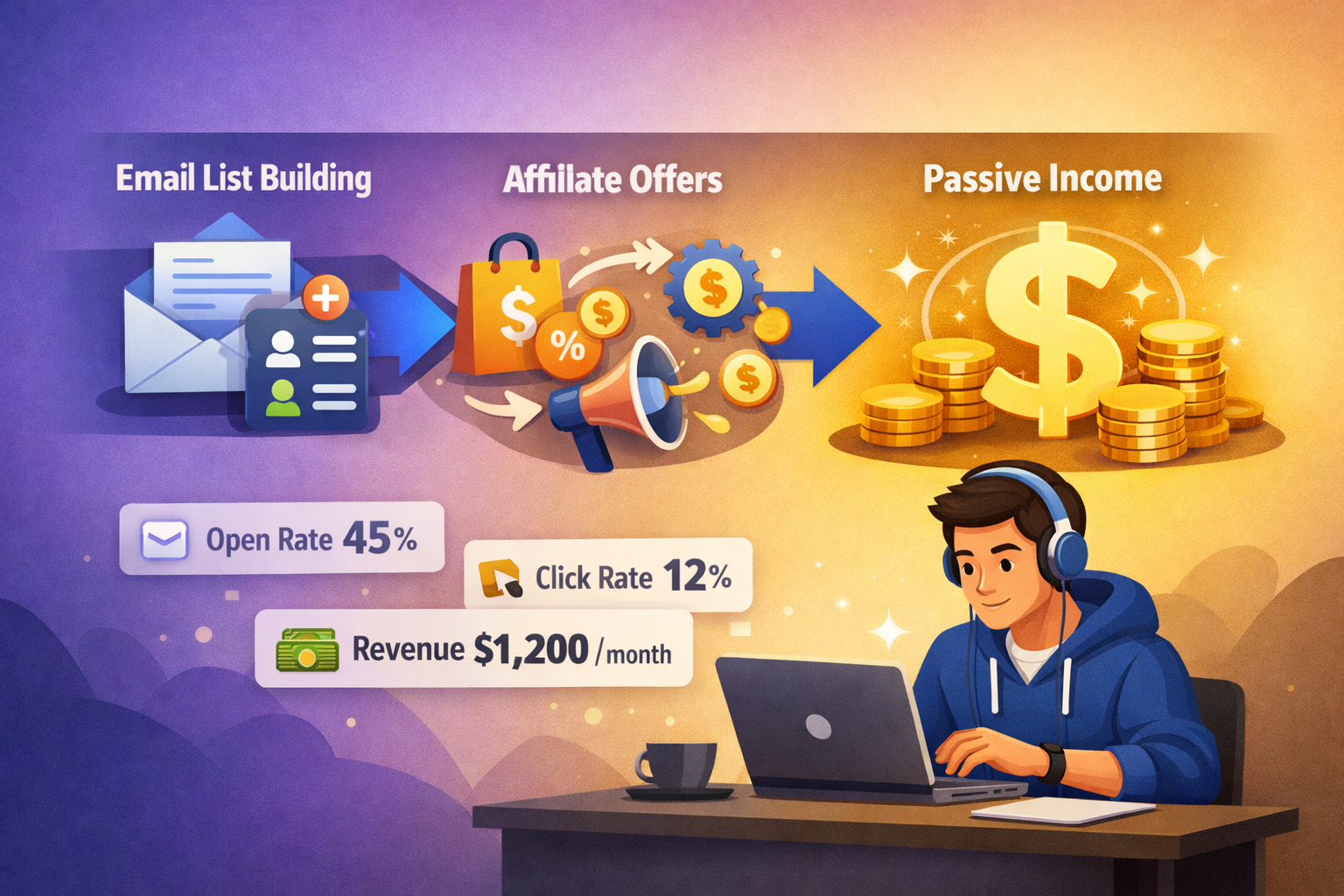 () concept illustration showing a step-by-step money-making funnel: email list building arrow leading to affiliate marketing