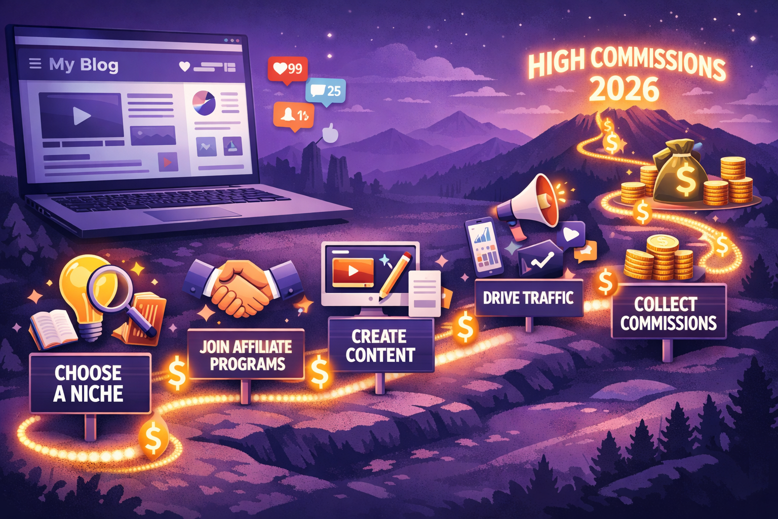 Detailed () step-by-step visual roadmap illustration showing a beginner's journey to earning high affiliate commissions in