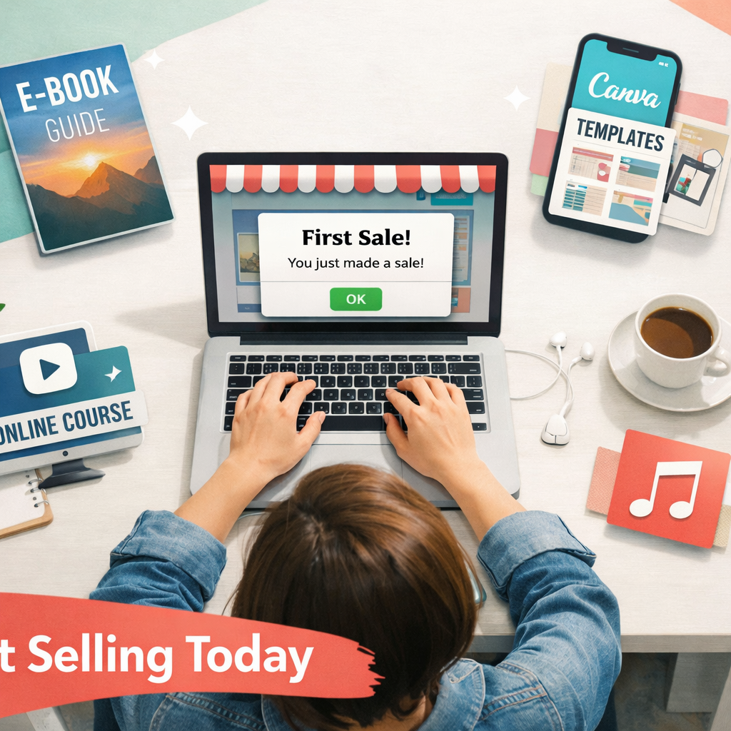 () concept illustration of a beginner entrepreneur sitting at a minimal white desk, laptop open showing a digital storefront