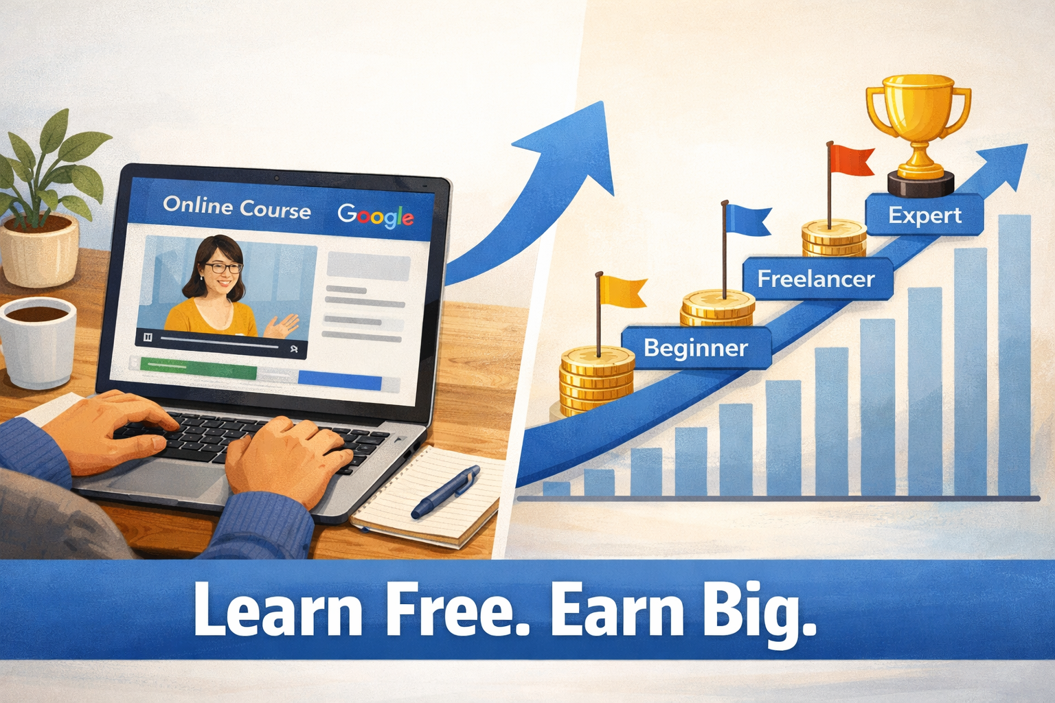 () showing a split-scene composition: left side features a person at a laptop watching a free online course on platforms