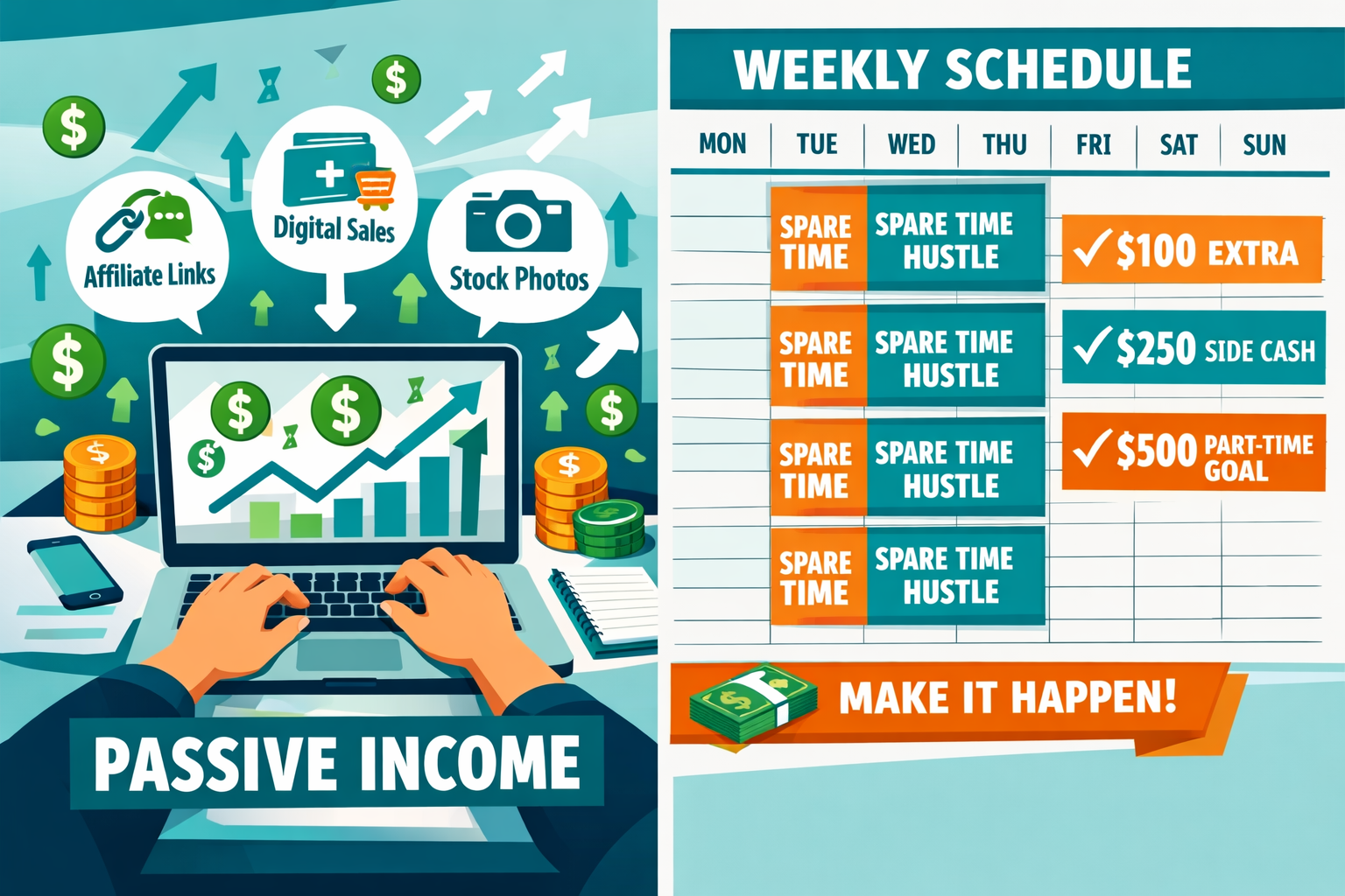 Detailed () concept image showing a split-screen visual: left side displays a person at a laptop with passive income streams