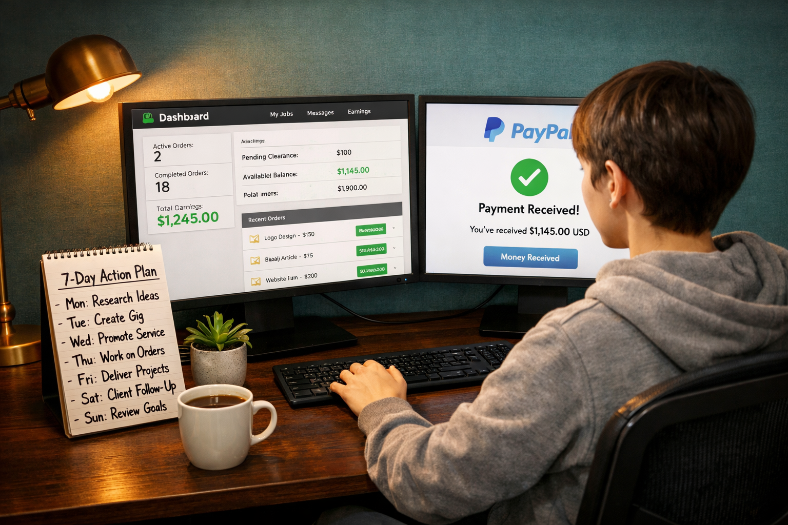 () realistic editorial photo-illustration of a focused young person at a minimalist desk with dual monitors — one screen