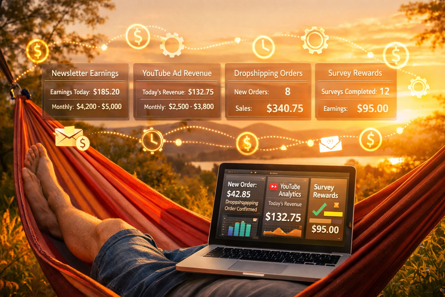 () editorial photo-illustration of a person relaxing in a hammock outdoors while a laptop beside them shows multiple income