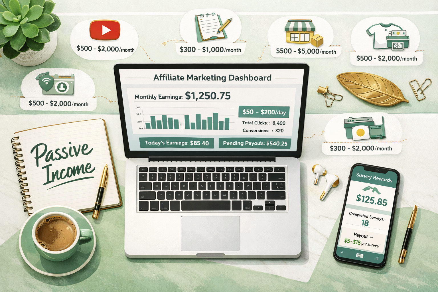 () concept illustration showing a top-down flat-lay of a desk with a laptop open to an affiliate marketing dashboard, a