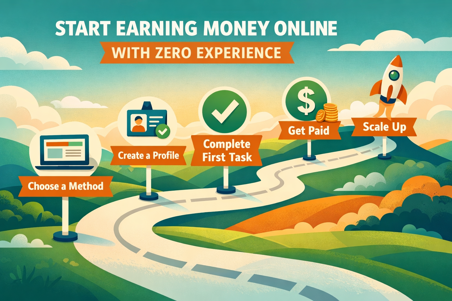 () concept illustration of a step-by-step roadmap for starting to earn money online with zero experience. Visual shows a