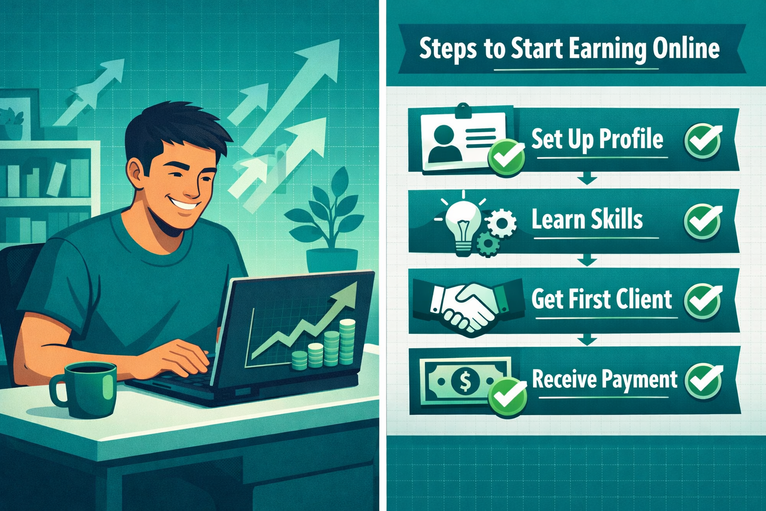 () split-screen concept illustration showing left side: a person at a home desk smiling at a laptop with upward-trending