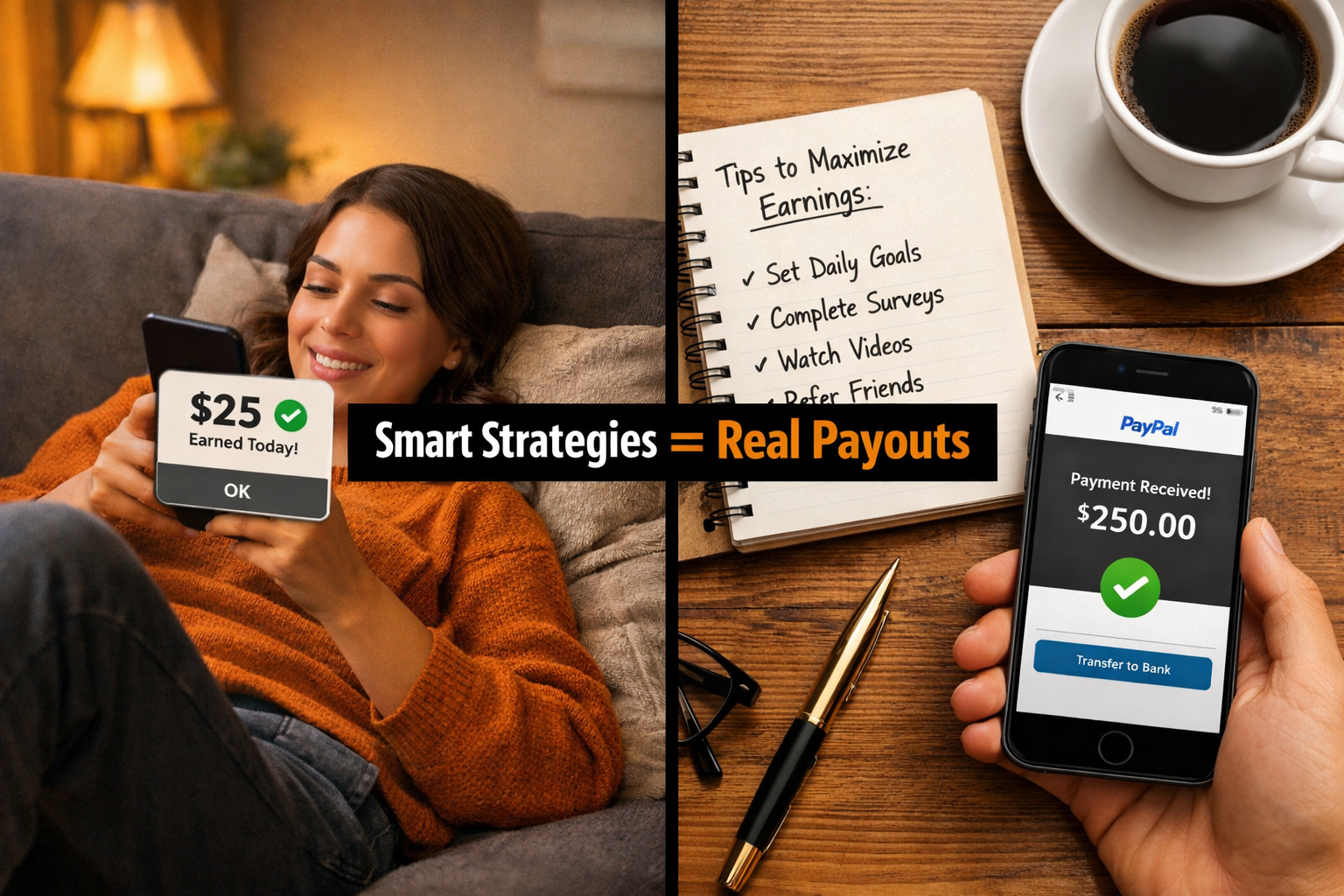 Detailed () split-scene comparison image: left side shows a person relaxing on a couch using a smartphone with a reward