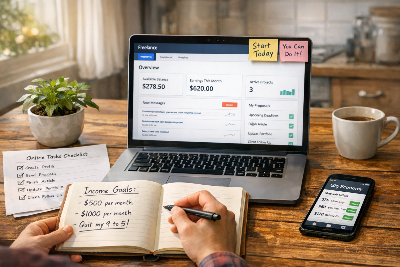 () realistic photo-style scene of a beginner sitting at a kitchen table with a laptop showing a freelance platform dashboard
