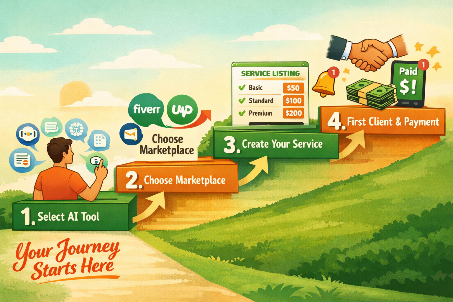 () step-by-step visual roadmap designed as ascending staircase or pathway from left to right. Step 1 shows person selecting